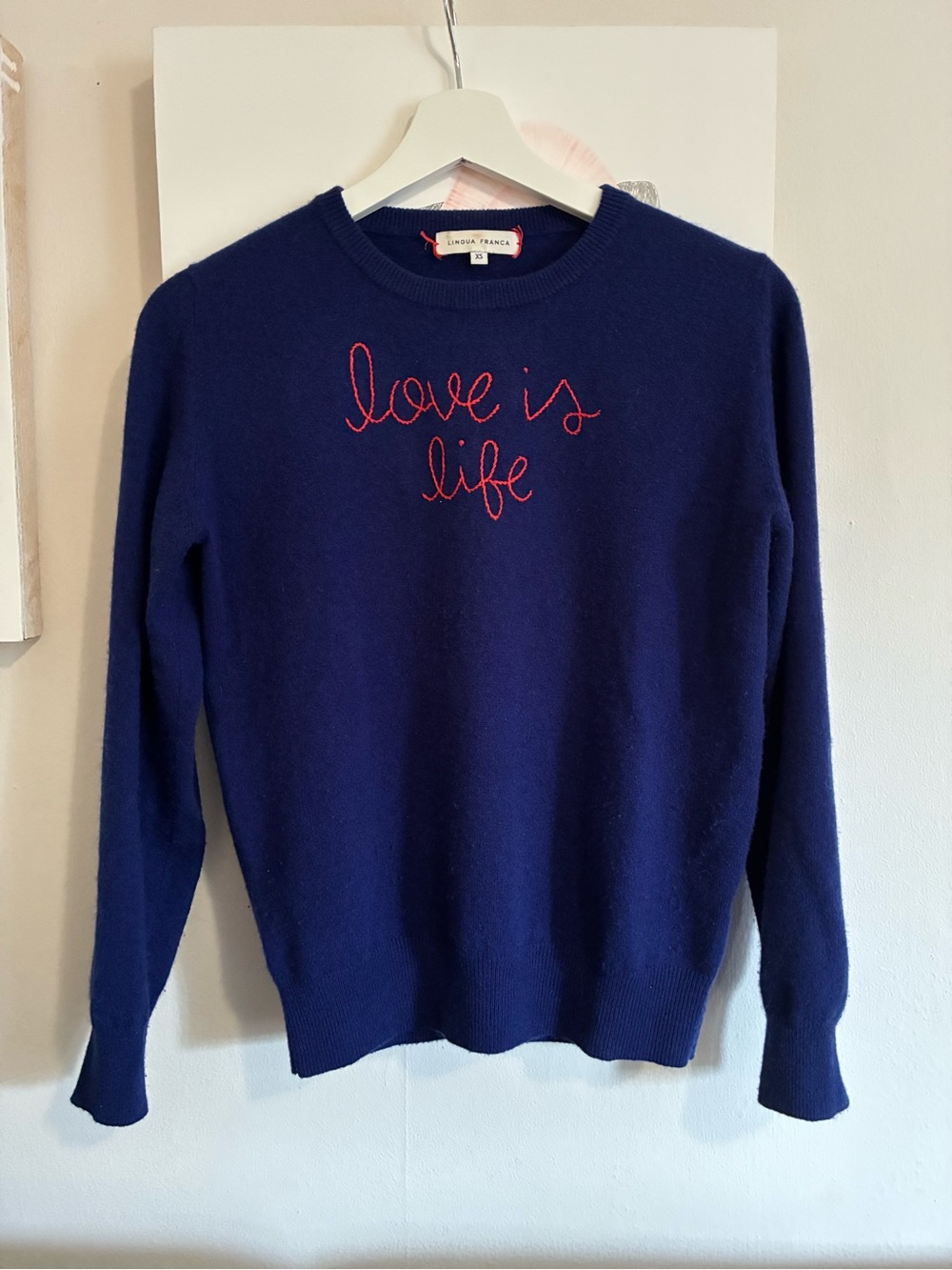 Lingua Franca Blue Crewneck Cashmere Sweater with 'love is life' Embroidery